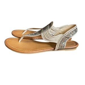 PALMS Rhinestone Flat Thong Sandals Women's sz 7M Cream and Tan T-Strap Sandals